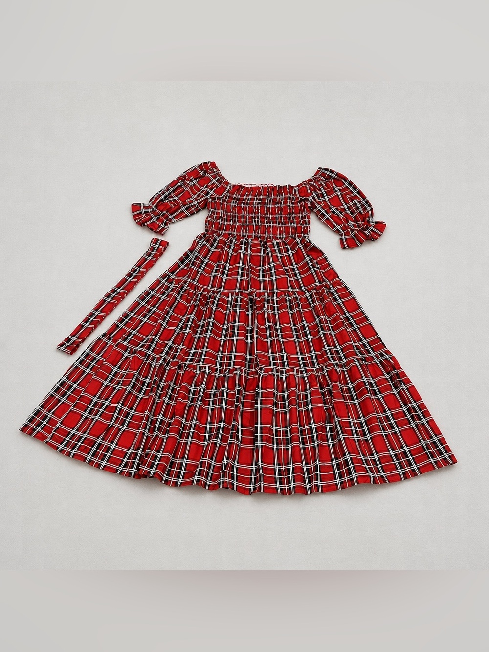 Women’s Belted Red Plaid Off-Shoulder Tiered Midi Dress Size S